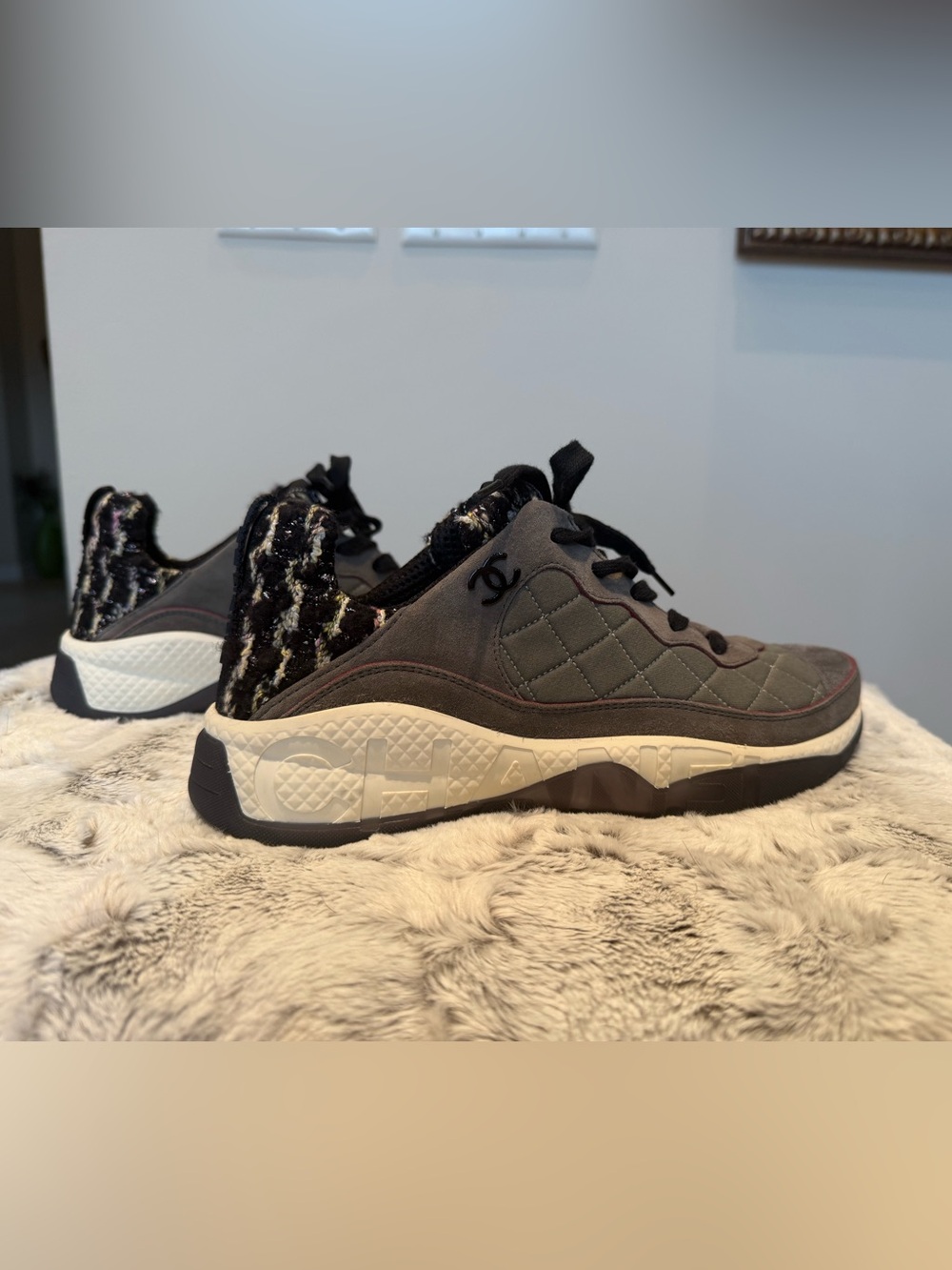 CHANEL Quilted Gray & Black Tweed-Back Low-Top Sneakers
